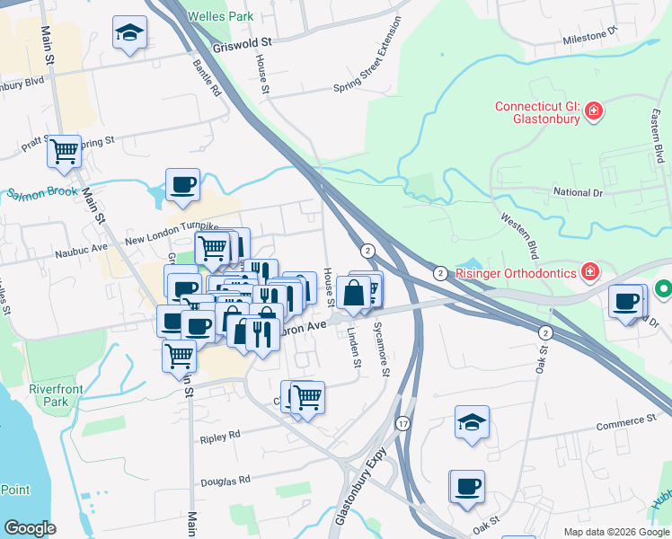 map of restaurants, bars, coffee shops, grocery stores, and more near 44 House Street in Glastonbury