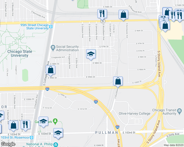 map of restaurants, bars, coffee shops, grocery stores, and more near 9845 South Greenwood Avenue in Chicago