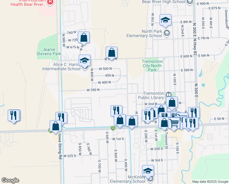 map of restaurants, bars, coffee shops, grocery stores, and more near 525 West 350 North in Tremonton