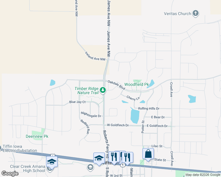 map of restaurants, bars, coffee shops, grocery stores, and more near 262 Woodfield Drive in Tiffin