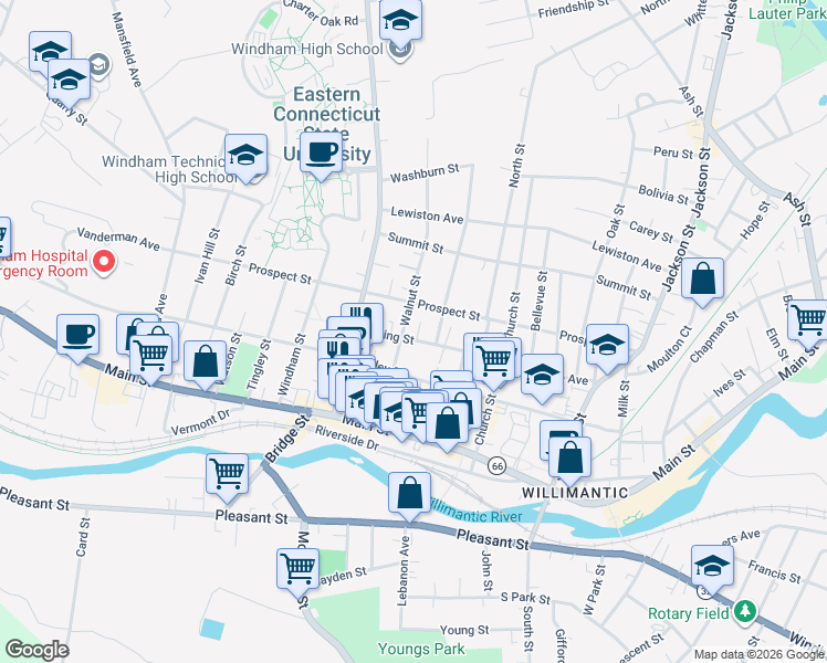 map of restaurants, bars, coffee shops, grocery stores, and more near 88 Spring Street in Windham