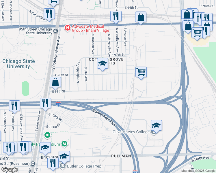map of restaurants, bars, coffee shops, grocery stores, and more near 9859 South University Avenue in Chicago