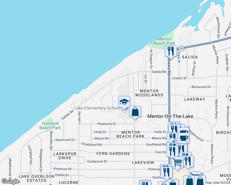 map of restaurants, bars, coffee shops, grocery stores, and more near 7576 Monterey Bay Drive in Mentor-on-the-Lake