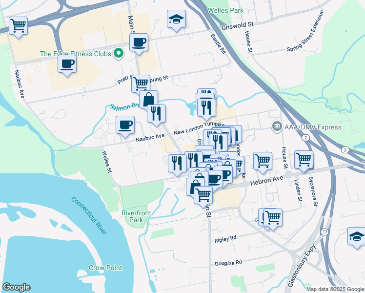 map of restaurants, bars, coffee shops, grocery stores, and more near 2610 Main Street in Glastonbury