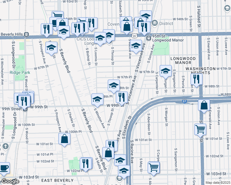 map of restaurants, bars, coffee shops, grocery stores, and more near 1304 West 98th Place in Chicago