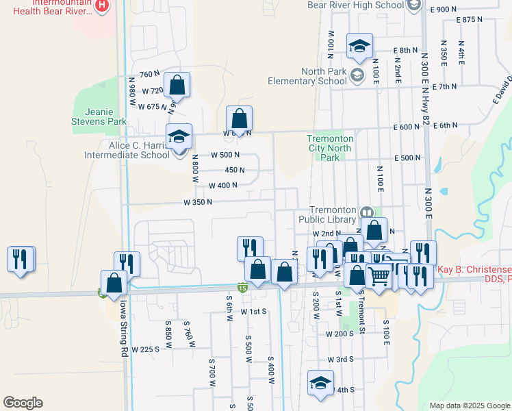 map of restaurants, bars, coffee shops, grocery stores, and more near 525 West 350 North in Tremonton