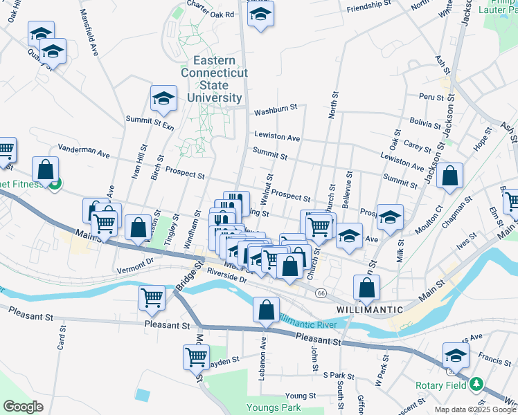 map of restaurants, bars, coffee shops, grocery stores, and more near 88 Spring Street in Windham