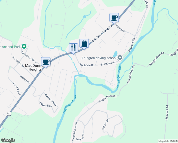 map of restaurants, bars, coffee shops, grocery stores, and more near 25 East Bank Road in Poughkeepsie