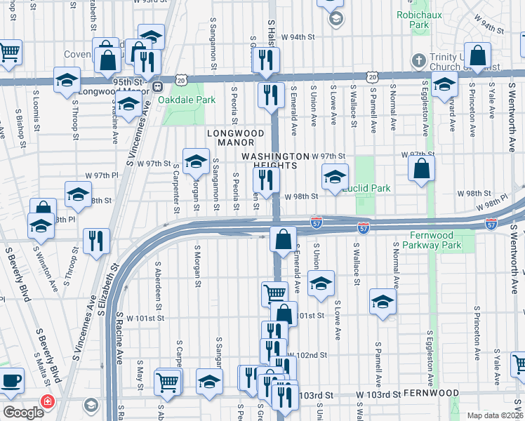 map of restaurants, bars, coffee shops, grocery stores, and more near 9820 South Halsted Street in Chicago