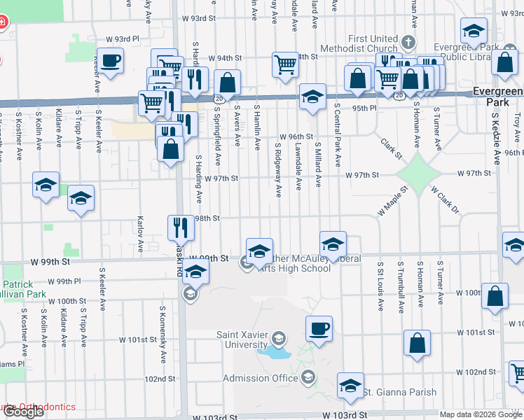map of restaurants, bars, coffee shops, grocery stores, and more near 9800 South Ridgeway Avenue in Evergreen Park