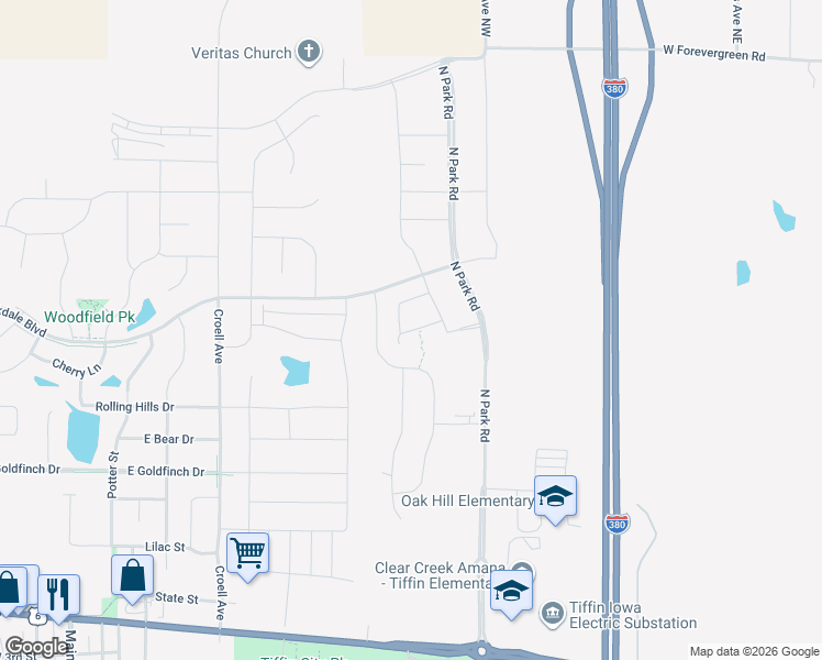 map of restaurants, bars, coffee shops, grocery stores, and more near 1024 Creekside Drive in Tiffin