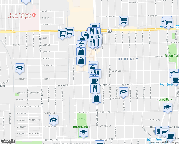 map of restaurants, bars, coffee shops, grocery stores, and more near 2429 98th Street in Evergreen Park