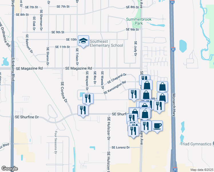 map of restaurants, bars, coffee shops, grocery stores, and more near 804 Southeast Kensington Road in Ankeny