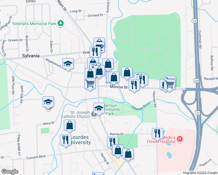 map of restaurants, bars, coffee shops, grocery stores, and more near 6489 Monroe Street in Sylvania