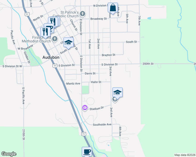 map of restaurants, bars, coffee shops, grocery stores, and more near 801 Brookside Drive in Audubon