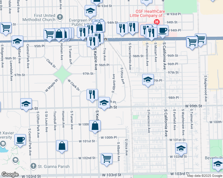 map of restaurants, bars, coffee shops, grocery stores, and more near 9760 South Albany Avenue in Evergreen Park