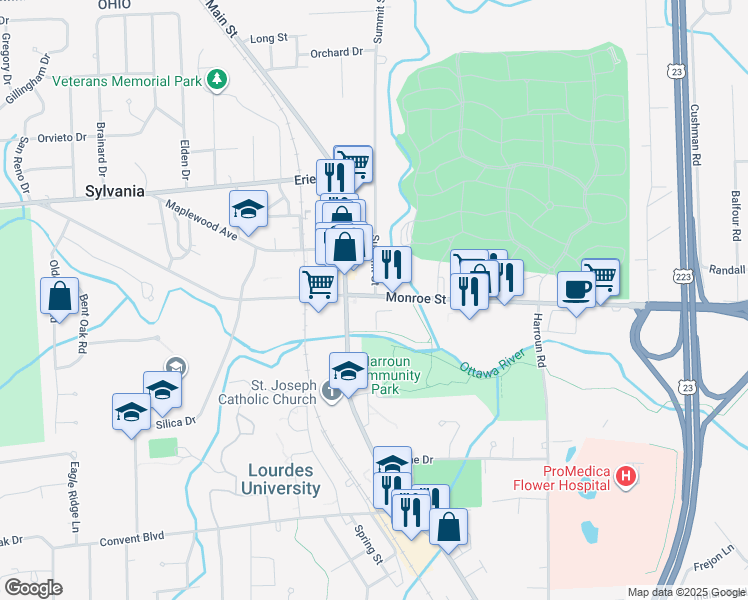 map of restaurants, bars, coffee shops, grocery stores, and more near 6489 Monroe St in Sylvania