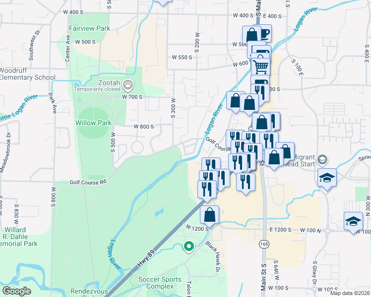 map of restaurants, bars, coffee shops, grocery stores, and more near 276 West 1030 South in Logan