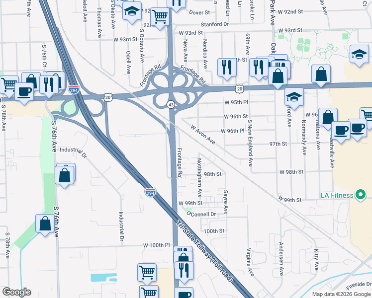 map of restaurants, bars, coffee shops, grocery stores, and more near 9715 Illinois 43 in Chicago Ridge