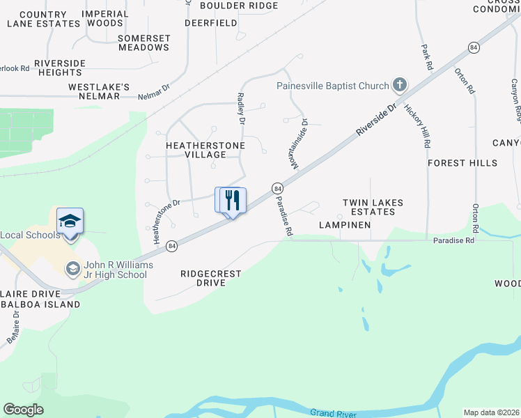 map of restaurants, bars, coffee shops, grocery stores, and more near 1016 Ohio 84 in Painesville