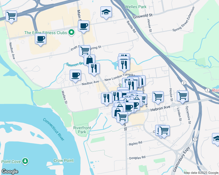map of restaurants, bars, coffee shops, grocery stores, and more near 2610 Main Street in Glastonbury