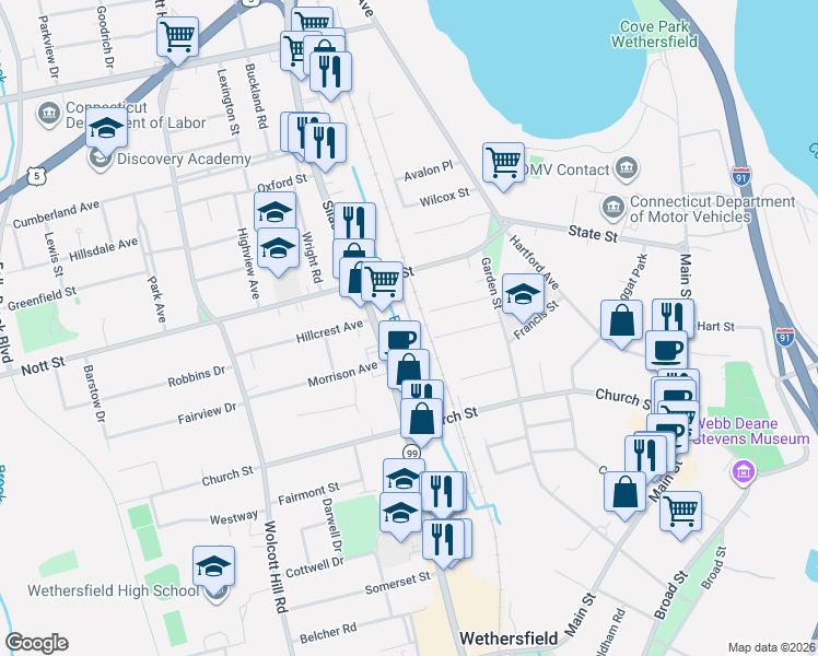 map of restaurants, bars, coffee shops, grocery stores, and more near 45 Stillman Walk in Wethersfield