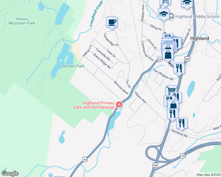 map of restaurants, bars, coffee shops, grocery stores, and more near 18 Reservoir Road in Highland