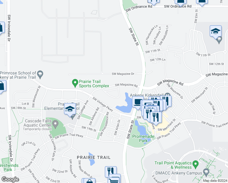 map of restaurants, bars, coffee shops, grocery stores, and more near 1817 Southwest Lesina Lane in Ankeny