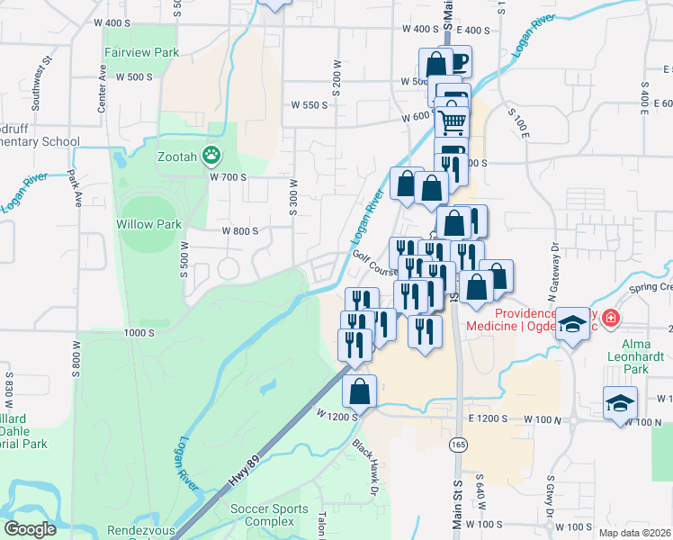 map of restaurants, bars, coffee shops, grocery stores, and more near 1012 South 220 West in Logan