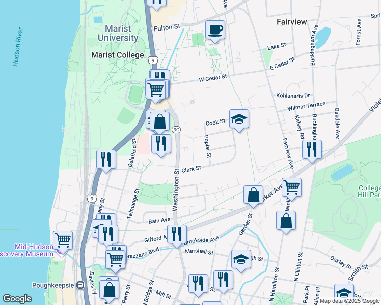 map of restaurants, bars, coffee shops, grocery stores, and more near 14 Beekman Street in Poughkeepsie