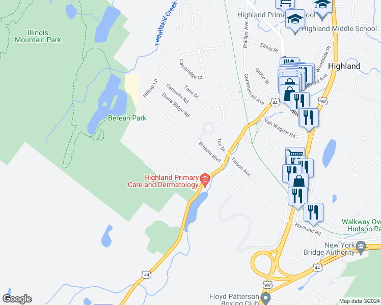 map of restaurants, bars, coffee shops, grocery stores, and more near 18 Reservoir Road in Highland