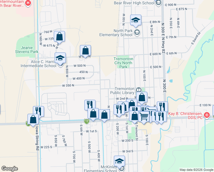 map of restaurants, bars, coffee shops, grocery stores, and more near 27 North 300 West in Tremonton
