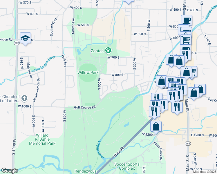 map of restaurants, bars, coffee shops, grocery stores, and more near 50 Fairway Lane in Logan
