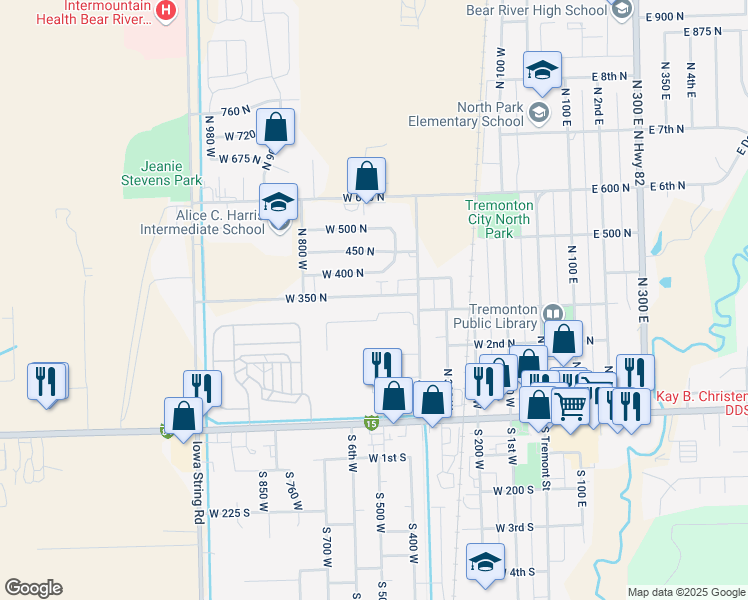 map of restaurants, bars, coffee shops, grocery stores, and more near 525 West 350 North in Tremonton