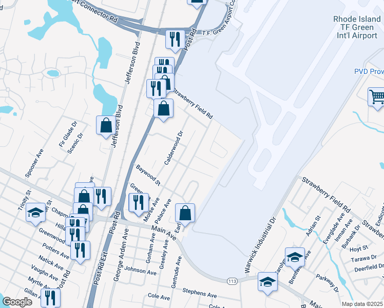 map of restaurants, bars, coffee shops, grocery stores, and more near 106 Palace Avenue in Warwick