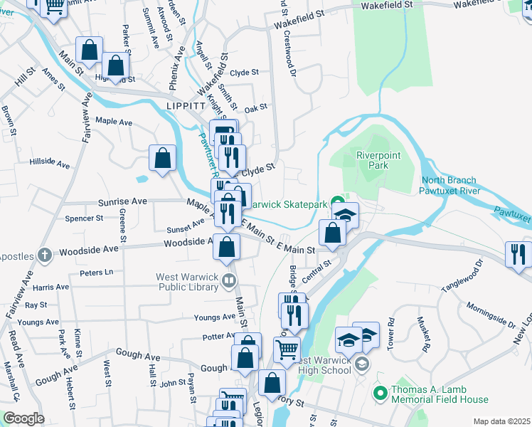 map of restaurants, bars, coffee shops, grocery stores, and more near 44 East Main Street in West Warwick