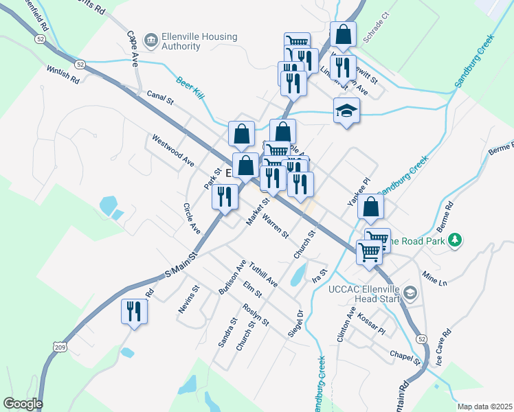 map of restaurants, bars, coffee shops, grocery stores, and more near 31 Market Street in Ellenville