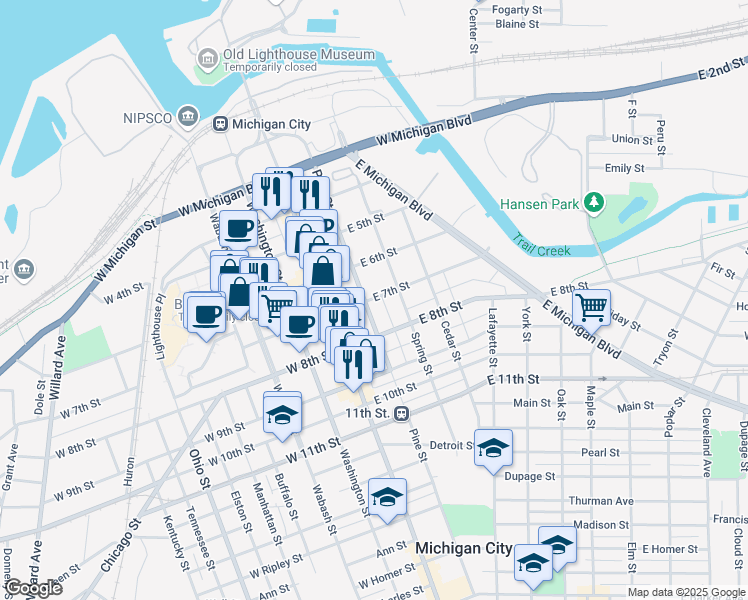 map of restaurants, bars, coffee shops, grocery stores, and more near 121 East 7th Street in Michigan City