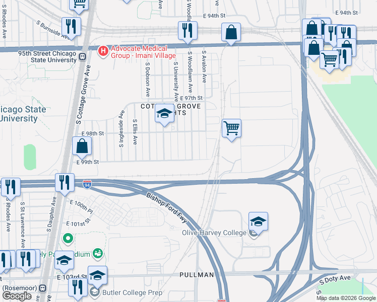 map of restaurants, bars, coffee shops, grocery stores, and more near 9859 South University Avenue in Chicago