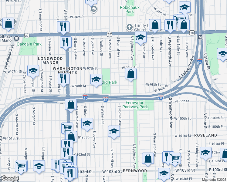 map of restaurants, bars, coffee shops, grocery stores, and more near 9824 South Normal Avenue in Chicago