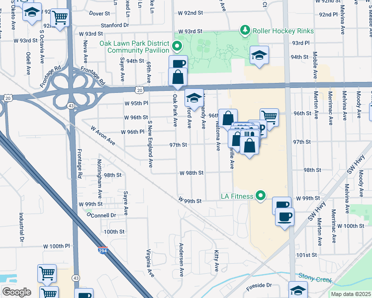 map of restaurants, bars, coffee shops, grocery stores, and more near 9719 Oak Park Avenue in Oak Lawn