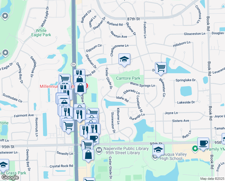 map of restaurants, bars, coffee shops, grocery stores, and more near 2711 Idaho Road in Naperville