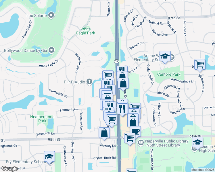 map of restaurants, bars, coffee shops, grocery stores, and more near 2720 Showplace Drive in Naperville