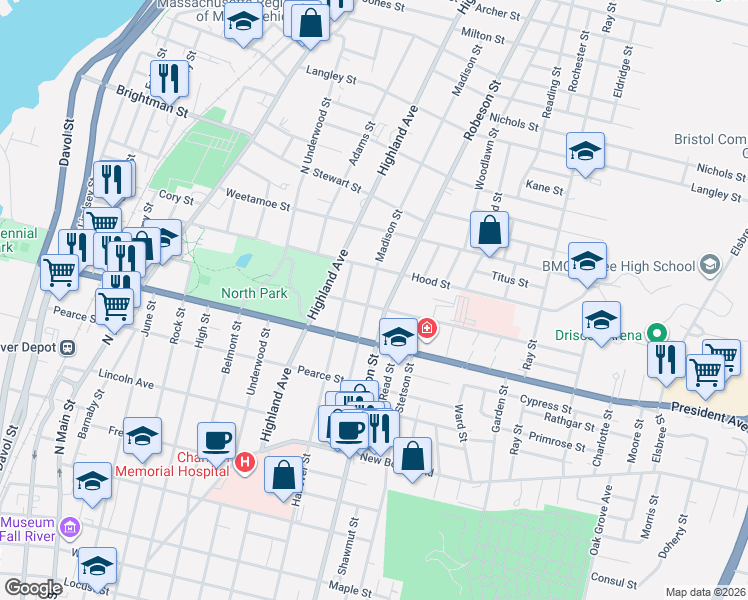 map of restaurants, bars, coffee shops, grocery stores, and more near 1110 Robeson Street in Fall River