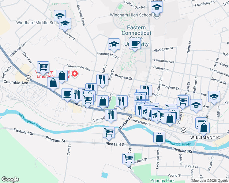 map of restaurants, bars, coffee shops, grocery stores, and more near 328 Valley Street in Windham