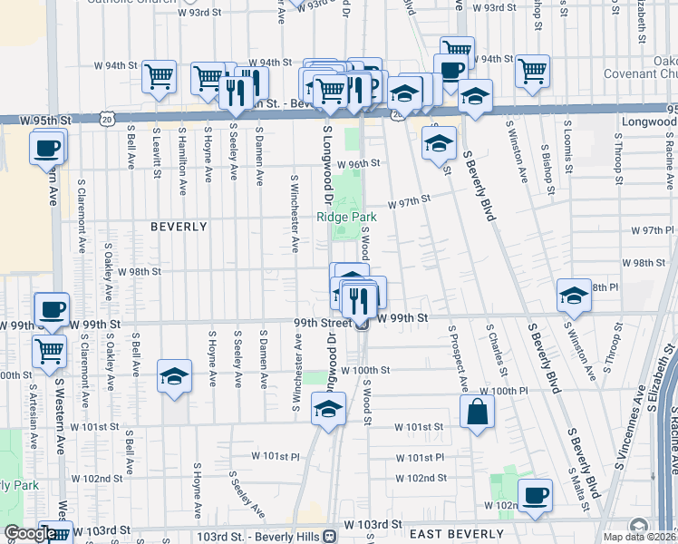 map of restaurants, bars, coffee shops, grocery stores, and more near 9827 South Longwood Drive in Chicago