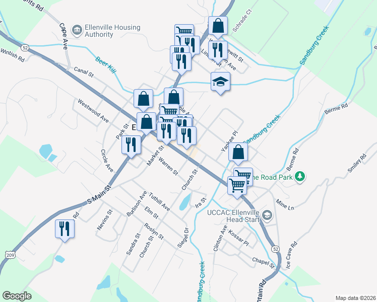 map of restaurants, bars, coffee shops, grocery stores, and more near 104 Center Street in Ellenville