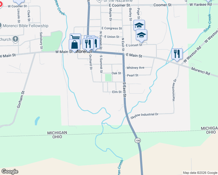 map of restaurants, bars, coffee shops, grocery stores, and more near 118 Elm Street in Morenci