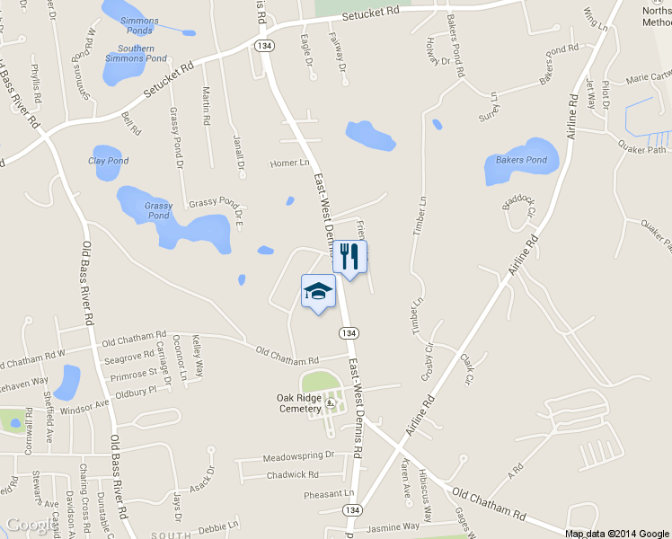map of restaurants, bars, coffee shops, grocery stores, and more near 891 East-West Dennis Road in Dennis