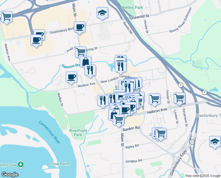 map of restaurants, bars, coffee shops, grocery stores, and more near 2610 Main Street in Glastonbury